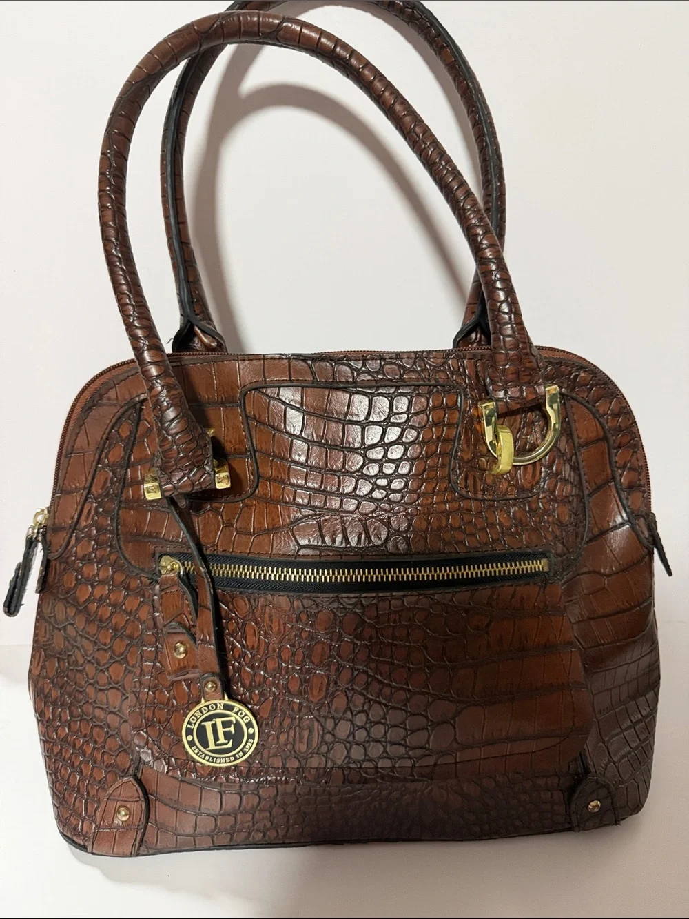 London Fog Faux Croc Brown Tote Handbag with Gold Hardware -